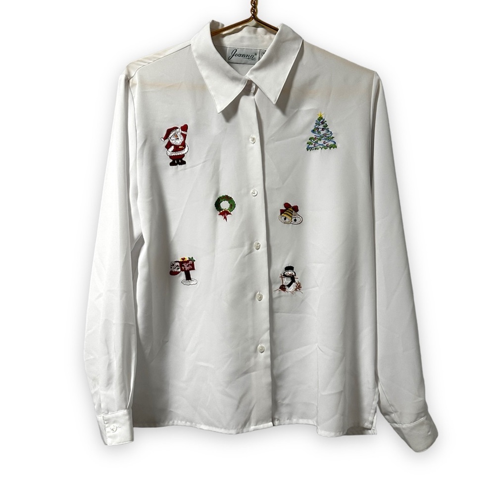 Vintage Joanna Christmas Embroidered White Button Up Shirt Women’s Size Medium